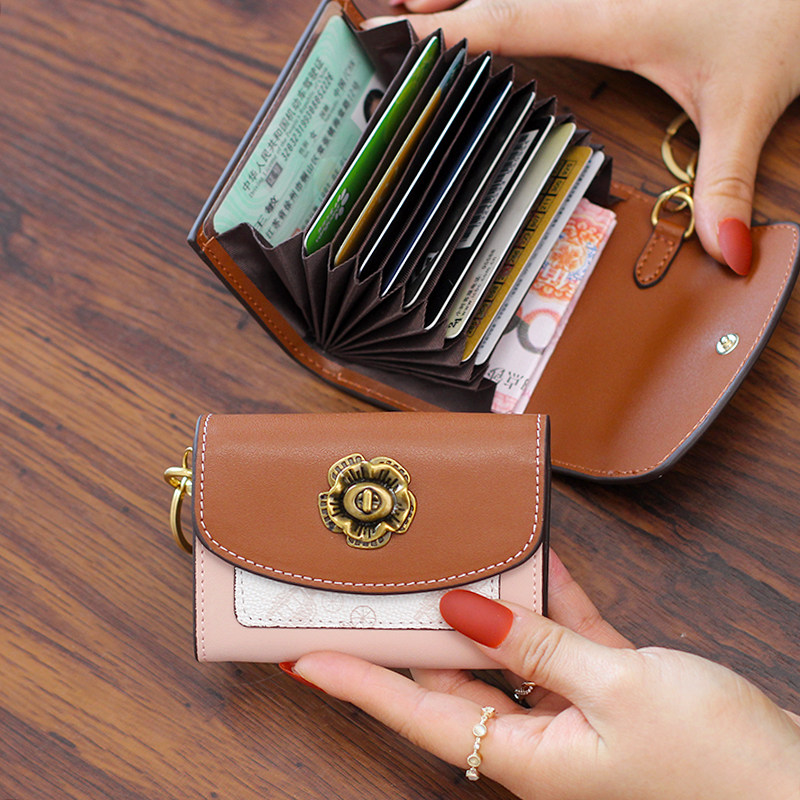 Mountain Tea Flowers Genuine Leather Small Card Bag Mini Coin Zero Wallet Organ Card Bag Lady Key Baotou Layer Cow Leather New