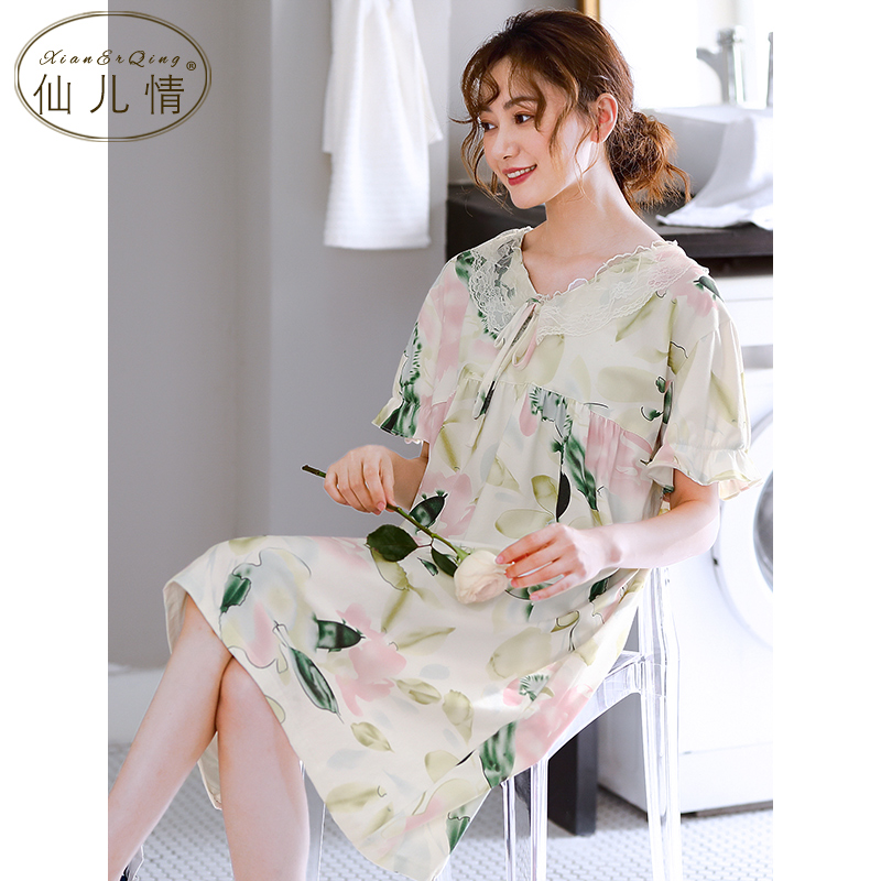 Pajama phụ nữ mùa hè ngắn tay Mordale bông lụa đồ ngủ mùa hè mỏng loose-fitting cỡ lớn nhà váy.