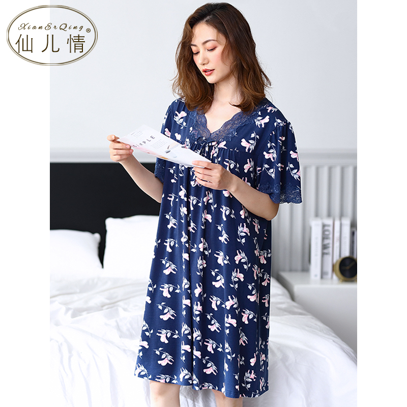 Pajama phụ nữ mùa hè ngắn tay Mordale bông lụa đồ ngủ mùa hè mỏng loose-fitting cỡ lớn nhà váy.