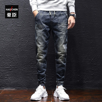 Spring and autumn elastic waist jeans mens tide brand tooling leg pants tether foot stretch slim-fit small foot long pants