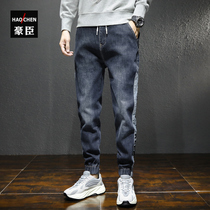 Plus velvet jeans mens high-end trendy brand tooling pants feet thickened in winter to keep warm in winter slim feet spring and autumn