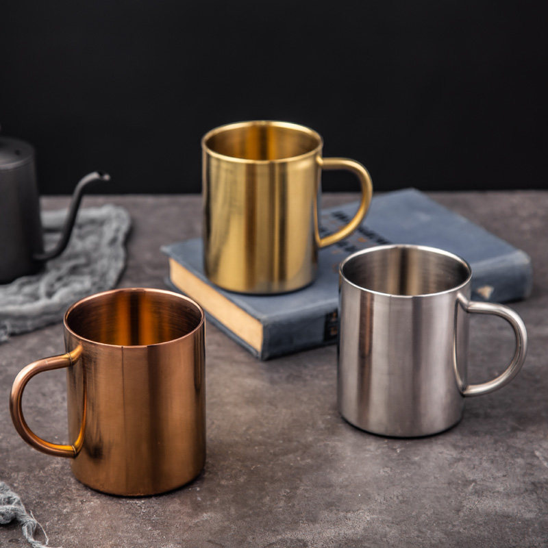Nordic industrial style retro golden coffee cup water cup with handle cup 304 stainless steel double layer mug