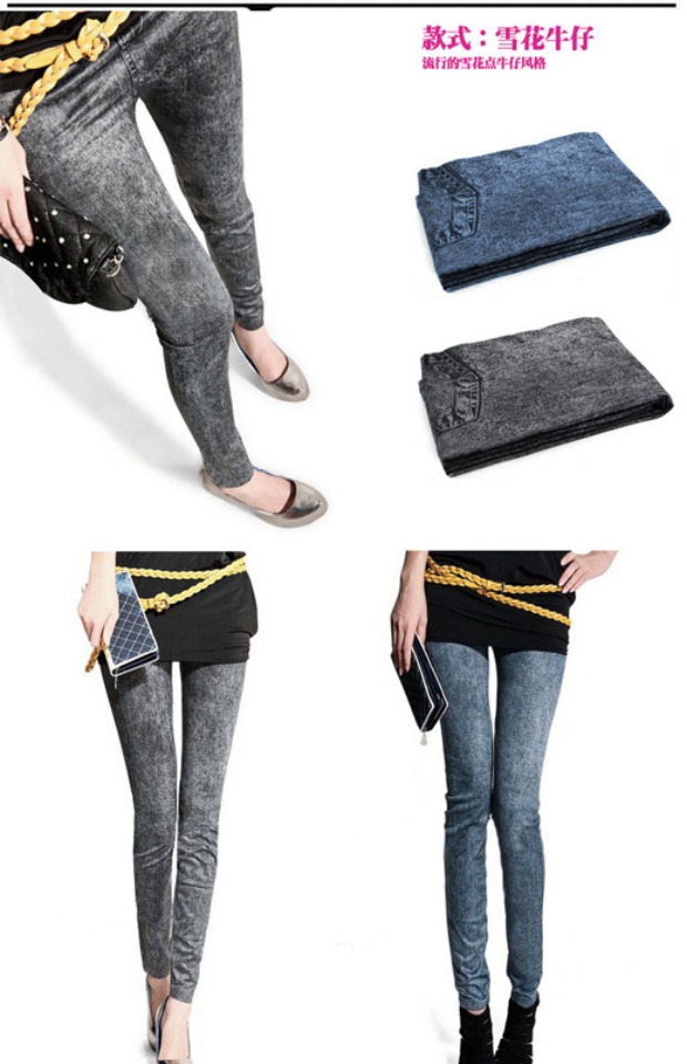 Phiên bản Hàn Quốc của quần legging giả denim thực tế giả cộng với nhung dày cỡ lớn đã mỏng mặc chín điểm quần in chân nữ quần áo giữ nhiệt nữ