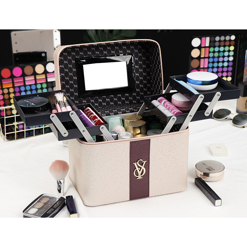 2020 Cosmetic Case Female Large Capacity Multifunctional Portable Cosmetic Bag Portable Dustproof Skin Care Product Storage Box PU Stripe