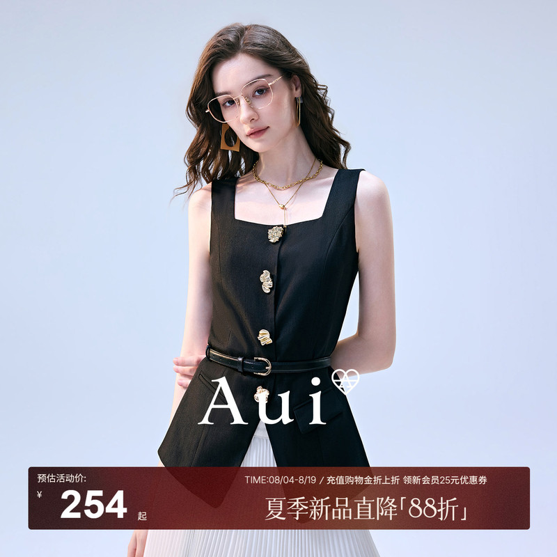Aui French-Style Square-Neck Sleeveless Blazer Vest for Women, New Summer Commuter Style, Elegant and Slimming Black Outerwear Vest Top