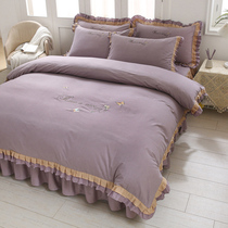 Eurostyle lotus leaf side minimalist embroidery with four sets of bed skirt type pure colour princess wind full cotton pure cotton quilt cover bedding