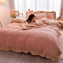 Double sided suede coral suede Four pieces Thickened Milk Suede Quilt Cover Flannel Winter Winter Lamb Crystal Suede Hat
