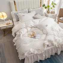 Ostyle Bed Skirt Style 4 pieces of kit minimalist white full cotton pure cotton sheet Quilt Cover Summer Princess Wind Lotus Leaf side bed