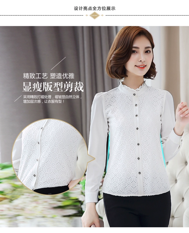 Áo thun voan nữ dài tay 2018 xuân hè mới đứng cổ áo sơ mi trắng Han Fan hoang dã chạm đáy