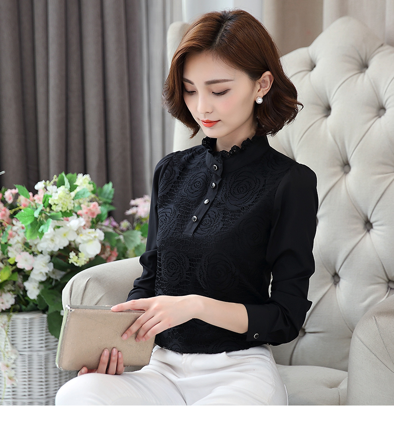 Áo voan nữ 2018 thu đông mới Hàn Quốc áo dài tay cộng với áo nhung đứng cổ áo sơ mi đen chạm đáy áo sơ mi cách điệu