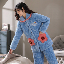 Pajamas women winter cotton pajamas female coral fleece flannel three-layer thickened autumn and winter warmth can be worn outside home clothes