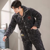 Mens pajamas winter thickened velvet coral velvet three-layer cotton autumn and winter flannel warm home suit