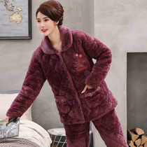 Autumn and winter coral velvet cotton pajamas female middle-aged and elderly middle-aged mother three layers thickened and velvet warm home wear