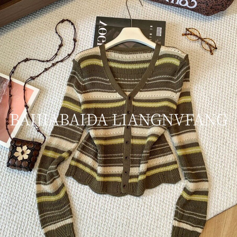 Guangzhou Thirteen Rows Women's Clothing European Style Autumn Korean Casual Style V-Neck Fashion Color-Block Striped Knitted Cardigan Top