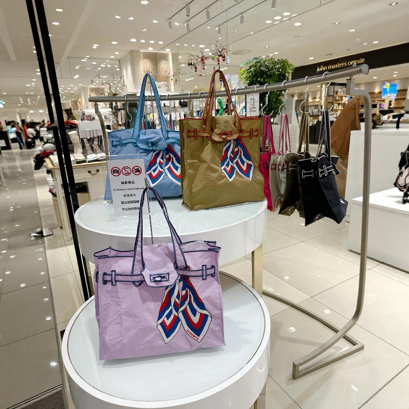Lacousette Shopping Eco-Friendly Bag Embroidered Canvas Bag Hand-Held Silk Scarf Bowknot Shoulder Commuter Mommy Bag