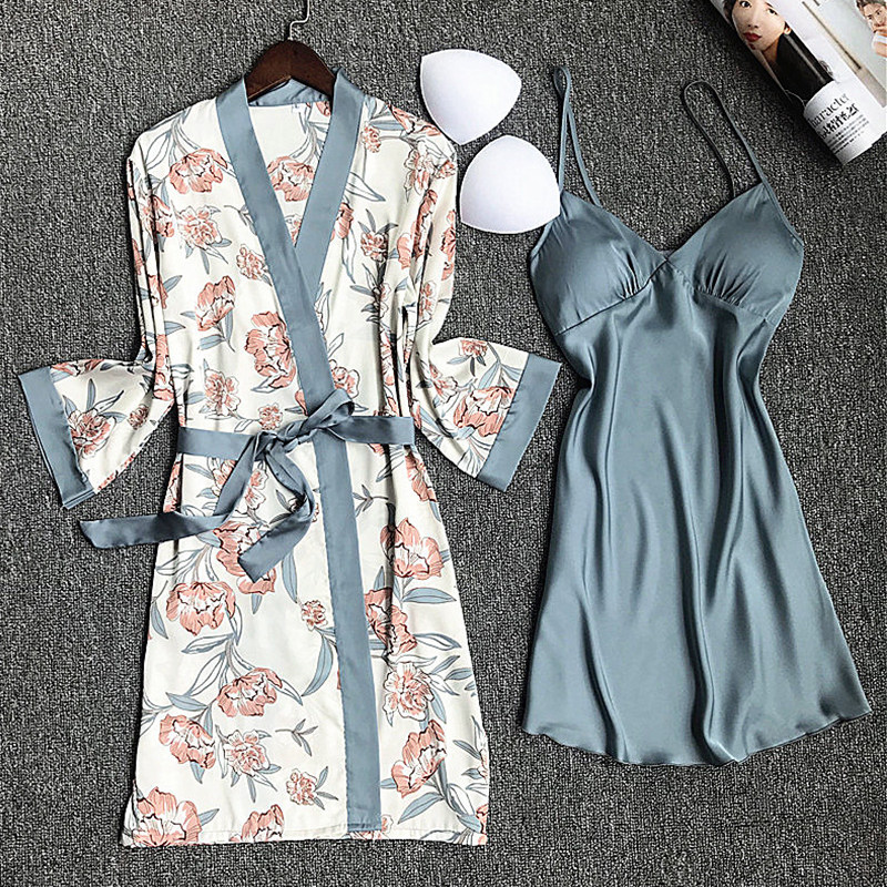 Nightdress women's sexy pajamas women's summer suspenders two-piece suit ice silk print with chest pads gathered middle sleeves can be worn outside