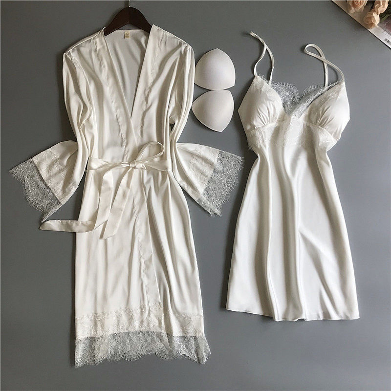 Sexy pajamas women spring and autumn ice silk lace edge adult nightgown chest pads gathered two-piece set can be worn outside