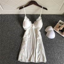 Sleepwear Woman Summer Ice Silk Harness Sexy Sleeping Dress With Chest Cushion Lace Transparent Private Room Lady 2020 New Summer