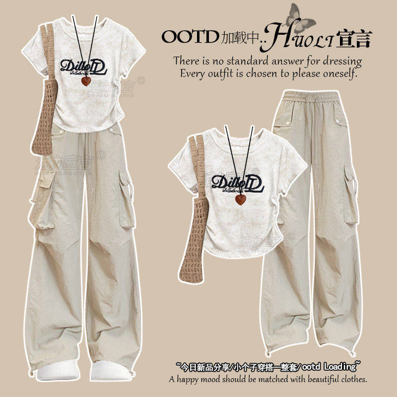 Junior High School Students, High School Students, Girls' Summer Outfit, Women's Waist-Cinching Short T-Shirt, Retro Cargo Pants, Casual Two-Piece Set, Trendy Junior High School Students, High School Students, Girls' Summer Outfit, Women's Waist-Cinching Short T-Shirt, Retro Cargo Pants, Casual Two-Piece Set, Trendy