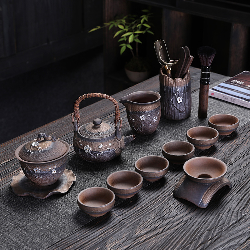 Coarse Pottery Kung Fu Tea Set Complete Set Chinese Retro Ceramic Home Office Reception Handle Pot Tea Cup Tray