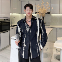 2022 Early spring new Chinese wind black and white ink printed shirt male loose with light lavish and breathable blouses