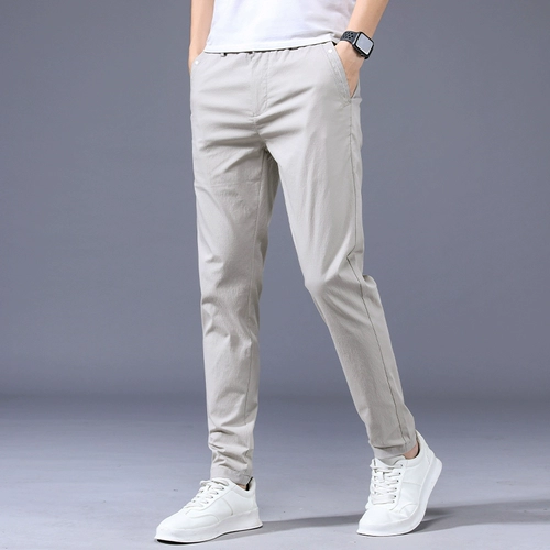 Мужские шелковые летние тонкие приталенные однотонные штаны, свободный прямой крой