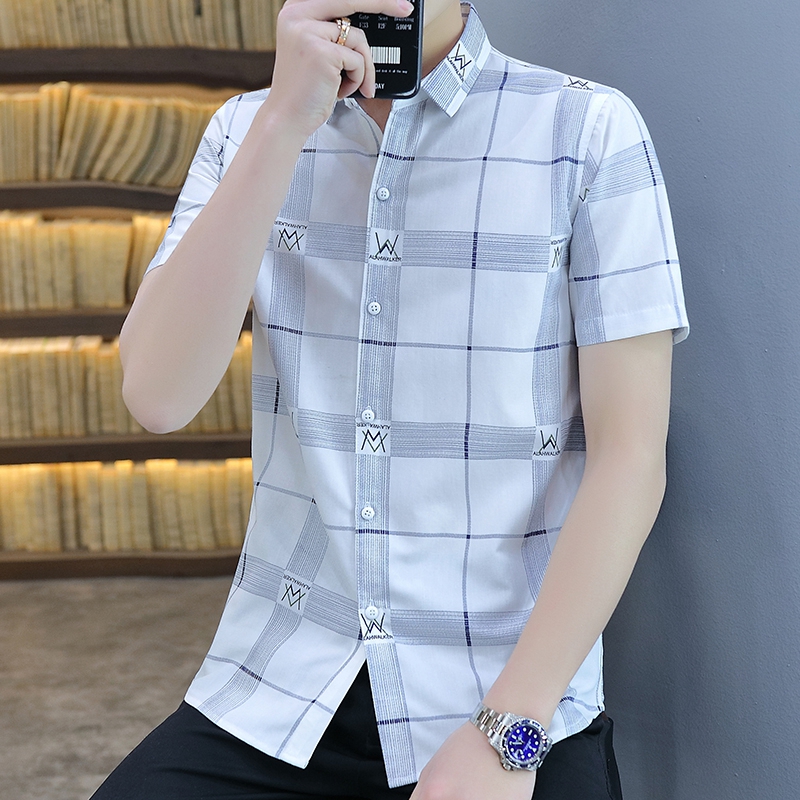 Men's Grid Short Sleeve Summer Shirt Business Formal Costume Shirt Short Sleeve Shirt in Fall