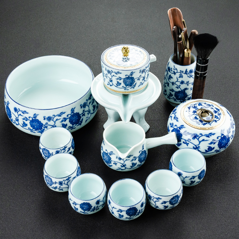 Qin Yi semi-automatic set of ceramic blue and white porcelain Gongfu tea set Lazy anti-hot home office teapot teacup set