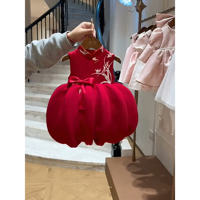 Girls' Red Stand-Up Collar Embroidered Dress Sleeveless Bow-Knot Chinese Retro Dress First Birthday Dress Princess Dress