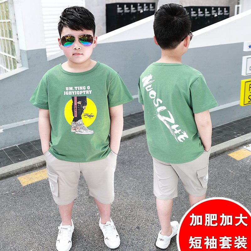 Fat boy suit summer new fat plus size fat boy short-sleeved two-piece fat big boy sports T-shirt tide 9