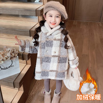 Girls Woolen Coat 2023 New Winter Clothes Plus Velvet Little and Middle-aged Girls Internet Celebrity Western Style Plaid Woolen Coat