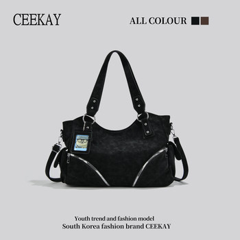 Ceekay Original Niche Design Black Motorcycle Bag for Women 2025 New Casual Simple Zipper Handbag Tote Bag