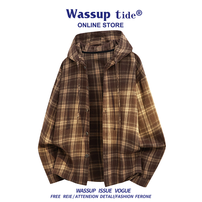 Wassup Tide New Autumn Hong Kong Style Plaid Hooded Jacket Versatile Loose Cotton Cardigan Sweatshirt for Men and Women