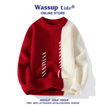 Wassup tide men's sweater trendy brand contrast color splicing sweater fall and winter fashionable and versatile casual top