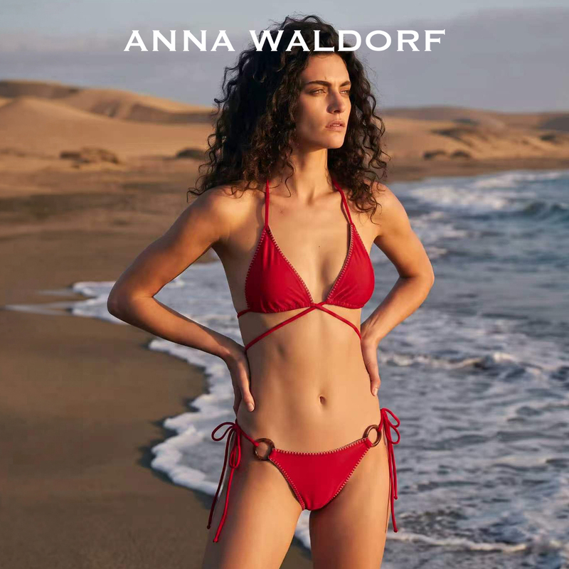 Anna Waldorf Baseball Stitch Musa Stitch Series Women's Bikini Sexy Swimsuit with White Straps