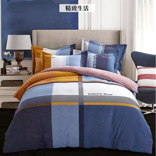 Amoy Thủy bông dệt denim bông dày chà nhám thương hiệu bông dệt cửa hàng flagship pha lê chính thức tích cực - Bộ đồ giường bốn mảnh bộ chăn ga gối đệm