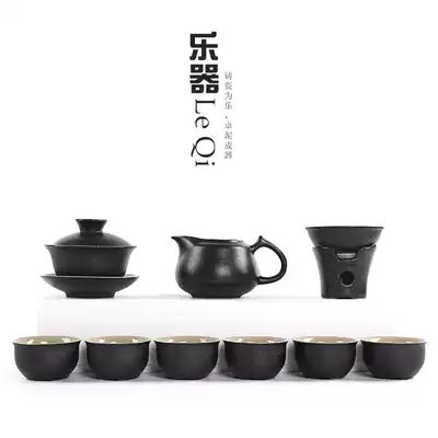 Shan musical instrument new black pottery Zen style tea set business gift set Japanese black pottery tea set cover Bowl set Tea Cup