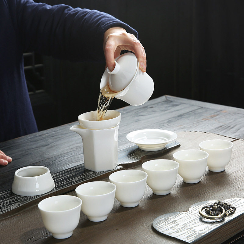 Wei Shan Gongfu tea cup Tea set Dehua white porcelain sheep fat jade porcelain 10 sheep fat jade white porcelain office small gift tea set