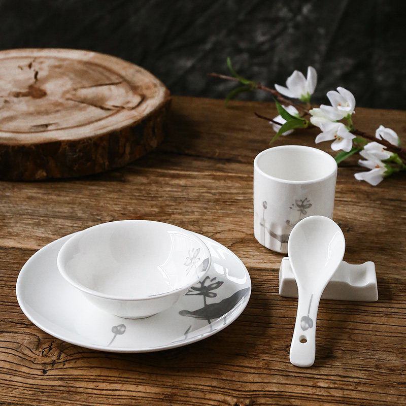 Lotus Flower Pattern Cutlery Dish Suit Peach Glue Oatmeal Bowl of Winged Bowl hotel with dining room with dining room