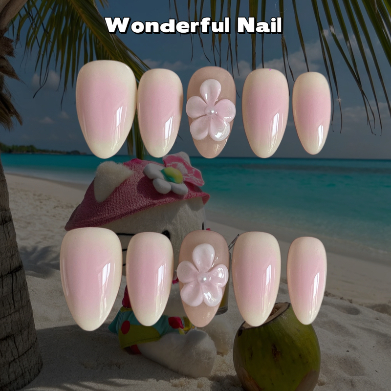 Wonderdulnail Strawberry Milkshake Flower Handmade ins Style Short Almond 3D Flower Blush Gentle Wearable Nails