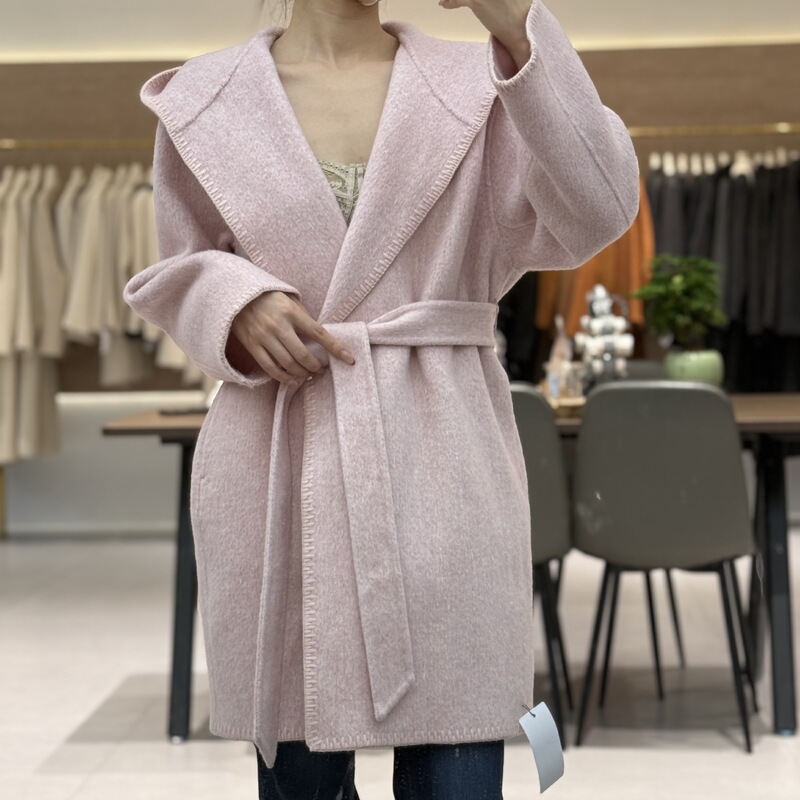 Wool Coat, Woolen Outerwear for Women, Petite Double-Sided Cashmere Coat, Hooded Bathrobe, Hooded Tie-Waist Mid-Length Style Wool Coat, Woolen Outerwear for Women, Petite Double-Sided Cashmere Coat, Hooded Bathrobe, Hooded Tie-Waist Mid-Length Style