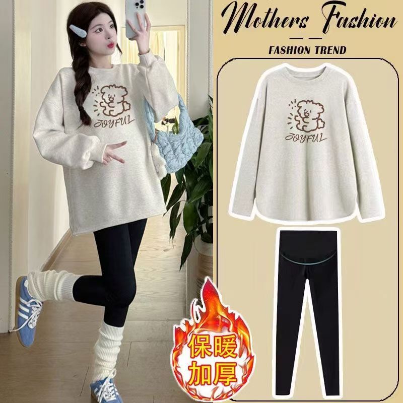 Maternity Wear New Style 2025 Winter Fleece-Lined Warm Loose Long-Sleeved Korean Style Fashionable Casual Daily Belly-Covering Two-Piece Set