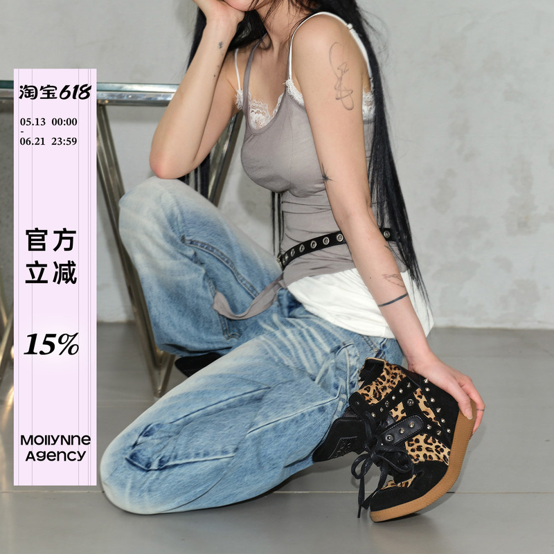 Mollynne Original Design Genuine Leather Sports High-Top Shoes with Thick Soles, Height-Increasing Velcro Rivet Sneakers, Casual Shoes for Women