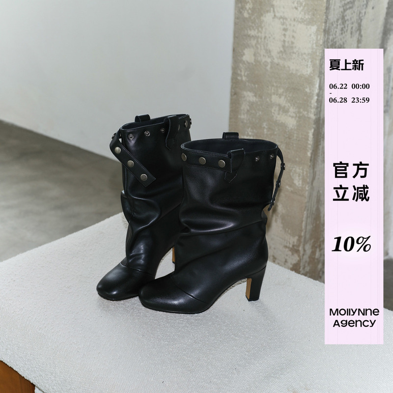 Mollynne Original Design Genuine Leather Short Boots for Women, New High-Heeled Pointed-Toe Boots, Black Mid-Calf Slouch Boots for Women Mollynne Original Design Genuine Leather Short Boots for Women, New High-Heeled Pointed-Toe Boots, Black Mid-Calf Slouch Boots for Women
