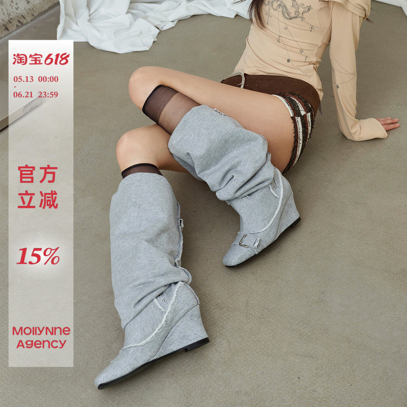 Mollynne Original Design Wedge Pleated High-Heeled Boots Pointed Toe Boots Mid-Calf Boots Long Boots Slouchy Boots for Women