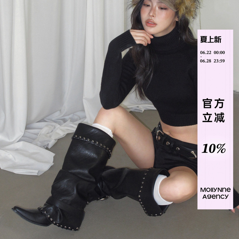 Mollynne Original Design Pointed Toe Mid-Calf Slouch Boots for Women, Black Thick-Soled Riding Boots, Trouser Boots, Long Boots for Women Mollynne Original Design Pointed Toe Mid-Calf Slouch Boots for Women, Black Thick-Soled Riding Boots, Trouser Boots, Long Boots for Women