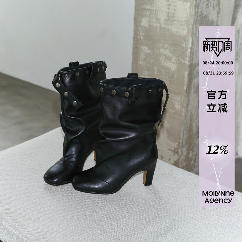 Mollynne Original Design Genuine Leather Short Boots for Women, New High-Heeled Pointed-Toe Boots, Black Mid-Calf Slouch Boots for Women Mollynne Original Design Genuine Leather Short Boots for Women, New High-Heeled Pointed-Toe Boots, Black Mid-Calf Slouch Boots for Women