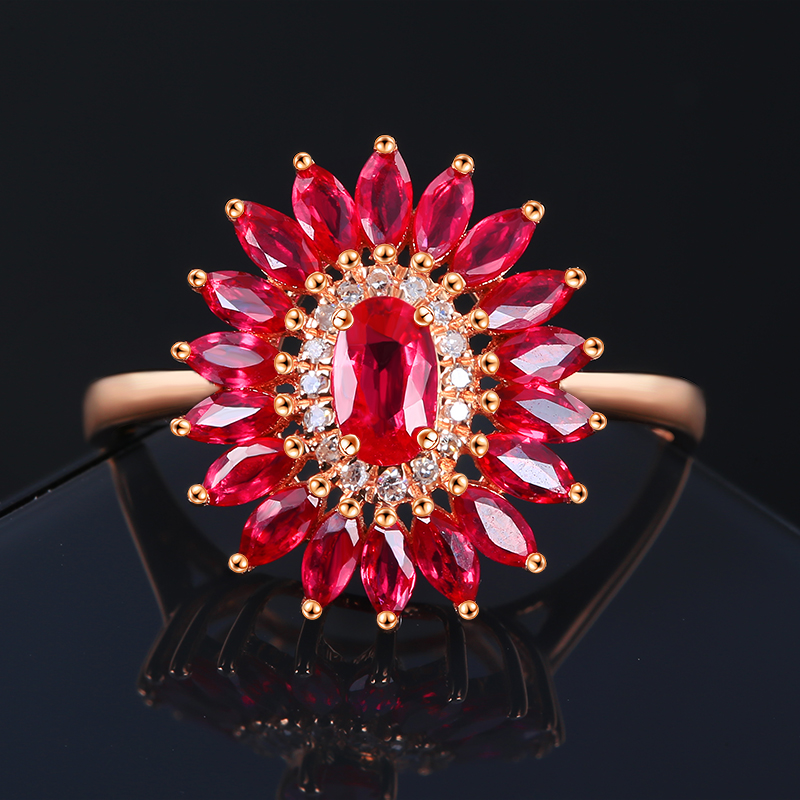 Willu Jewelry Sunflower Natural Red Gem Ring Woman 18K Gold Rose Gold Ring Studded Diamond Color Gem