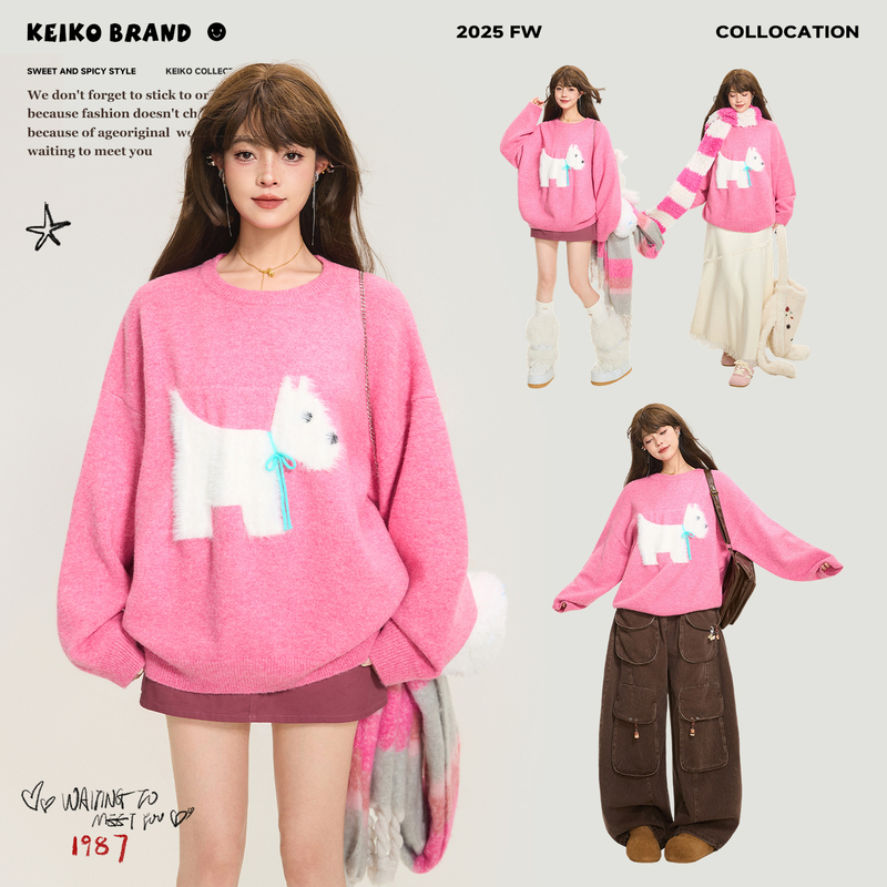 Keiko Dopamine Raspberry Pink Puppy Sweater Women's 25 Autumn and Winter Lazy Style Loose Round Neck Pullover Knitwear