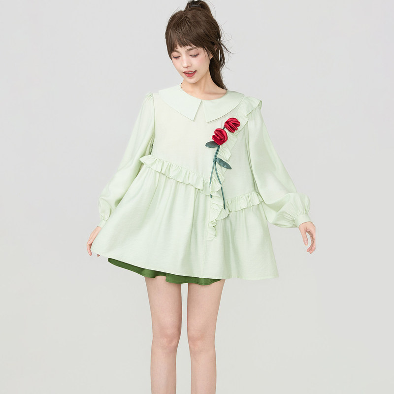 Keiko Mint Green Rose Tie Flower Long-Sleeved Shirt for Women Spring and Summer Sweet Ruffled Loose Slimming Babydoll Shirt Keiko Mint Green Rose Tie Flower Long-Sleeved Shirt for Women Spring and Summer Sweet Ruffled Loose Slimming Babydoll Shirt
